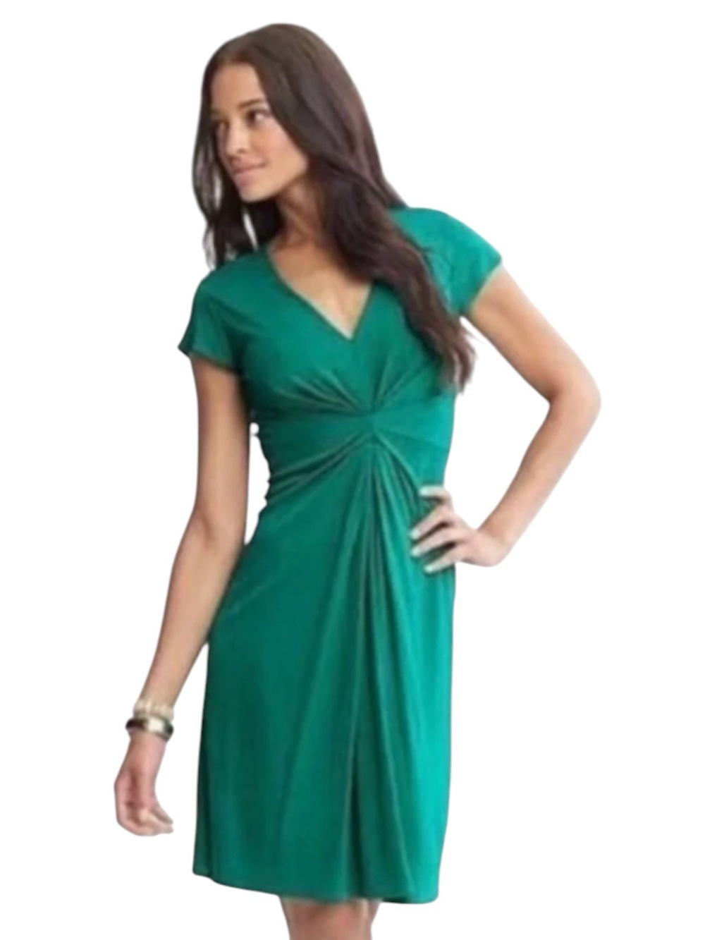 Vintage Banana Republic Emerald Green Ruched Front Dress V-Neck Midi Size 10